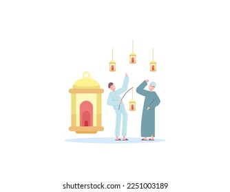 two men celebrate and welcome the holy month of ramadan by lighting a ramadan lantern or Fanus. The activity of Muslims. Ramadan Kareem. illustration concept design. vector elements