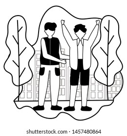 two men celebrating in the city park vector illustration white and black