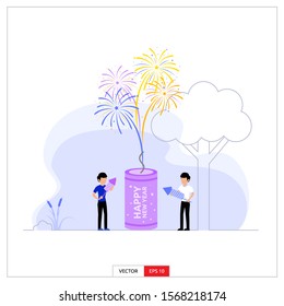 two men celebrating New Year's Eve by lighting fireworks. Vector illustration flat design style.