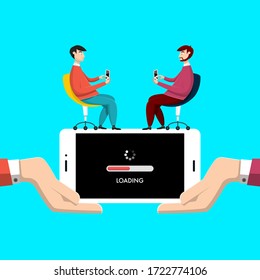 Two Men with Cellphone with Hands Holding Mobile Phone with Loading Bar on Screen