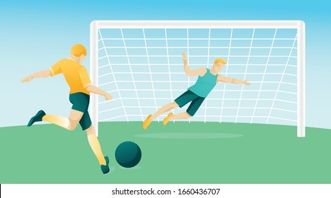 Two Men Characters Playing Soccer on Football Field. Attacking Player Kicking Ball. Goalkeeper Jumping at Gate Ready to Prevent Goal. Team Game, Competition and Match. Vector Flat Cartoon Illustration