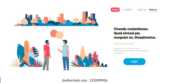 two men chat bubbles communicating over city skyscraper view cityscape background skyline flat horizontal copy space vector illustration