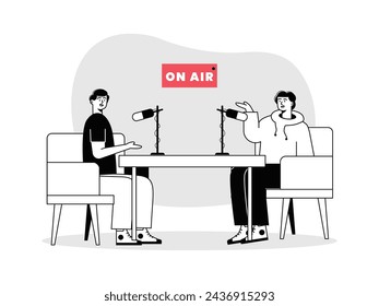 Two men are chatting in a room while recording a podcast, black and white style. Character design. Vector flat illustration