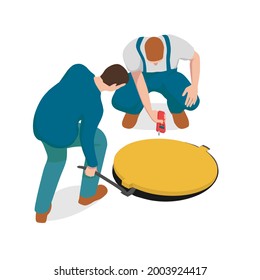 Two men are checking the manhole. One worker is lifting a hatch with a crowbar and other is checking for leaks on a white background. 