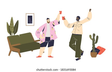 Two men cheering with plastic glasses during home party. Friends meeting at home on quarantine. Cartoon young male characters drinking in living room. Vector illustration