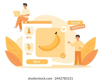 Two men choose products in mobile application. Online shopping concept. Online payment