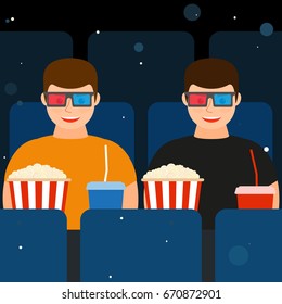 Two men in the cinema in 3D glasses with popcorn and drinks. Vector illustration.