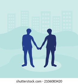 Two men in the city. Men hold hands. A shadow. The concept of same-sex marriage. Vector drawing.