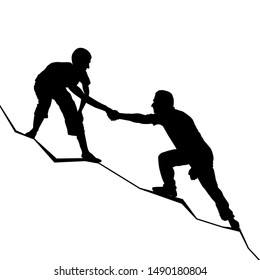 Two men climb a mountain, one man helps another, reaches out a helping hand, black silhouettes of people on a white background, vector illustration, AdventureIsAgeless