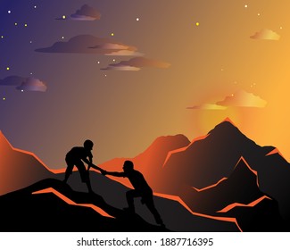 Two men climb a mountain, one man helps another, reaches out a helping hand, black silhouettes of people on a  background mountain, vector illustration
AdventureIsAgeless
