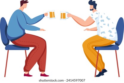 Two men clinking beer mugs sitting on chairs. Casual meeting, friends enjoying drinks. Celebration and friendship vector illustration.