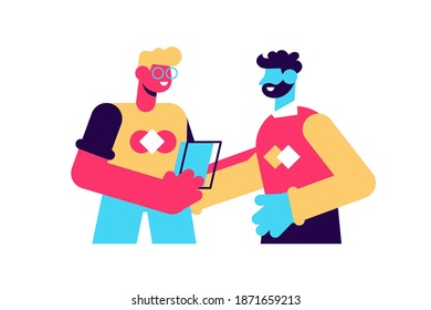 two men are close friends and embrace each other, two men are friends despite different occupations and habits, character people vector illustration