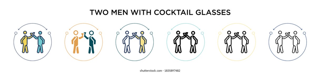 Dos hombres con icono de copas de cóctel en línea llena, delgada, contorno y estilo de trazo. Ilustración vectorial de dos hombres de color y negro con gafas de cóctel iconos vectores para los que se pueden utilizar 
