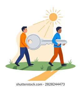 Two men collaborating to carry a giant key across a grassy field under a bright sun to represent teamwork and success