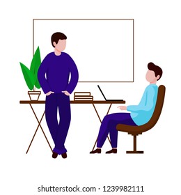 Two men communicate in the office. One guy is sitting in a chair next to the table. The second stands leaning against the table and holds his hands in his pockets. Vector character in flat style. 
