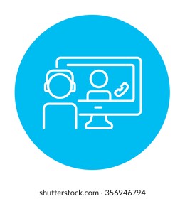 Two men communicating through video chat on laptop line icon for web, mobile and infographics. Vector white icon on the light blue circle isolated on white background.