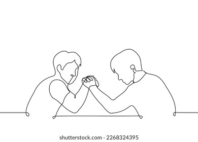 two men compete on their hands - one line drawing vector. concept arm wrestling