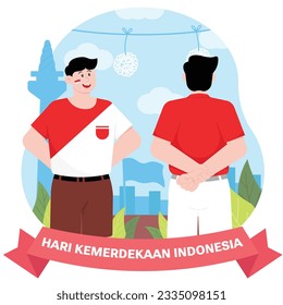 The Two Men Are Competing To Eat Crackers On Indonesia's Independence Day Illustartion
