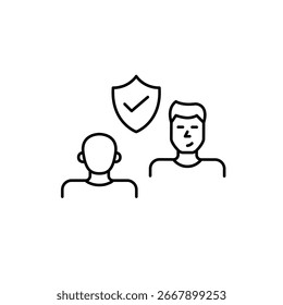 Two men in conversation, dialog or interview. Dating or business interaction. Verified conversation, trusted interaction, secure meeting, approved communication. Pixel perfect, editable stroke vector 