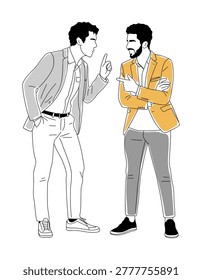 Two men converse with animated gestures. One gestures emphatically, the other listens intently. Their expressions suggest serious discussion. Fits business or social interaction themes