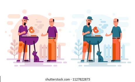 Two men cooking barbeque steaks in the yard. Flat cartoon style BBQ.