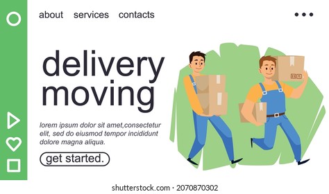Dos mensajeros llevan y entregan cajas de cartón. Banner de sitio web para servicio de empresa de mudanza y entrega, ilustración plana de cartoon vectorial. Dos mensajeros corriendo con paquetes y cajas.