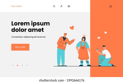Two men courting woman vector illustration. Male characters offering flowers and jewelry to female. Woman wearing imaginary crown. Love contest concept for banner, website design or landing page