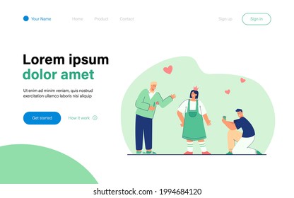 Two men courting woman vector illustration. Male characters offering flowers and jewelry to female. Woman wearing imaginary crown. Love contest concept for banner, website design or landing page