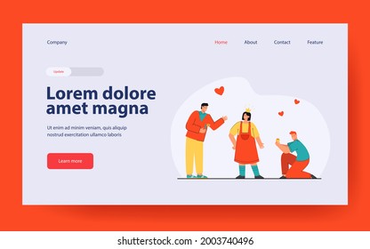 Two men courting woman vector illustration. Male characters offering flowers and jewelry to female. Woman wearing imaginary crown. Love contest concept for banner, website design or landing page