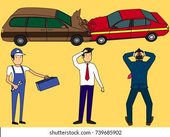 Two men crashed car accident, another one crushed. another one so sad. character vector illustrator simply isolate on background.