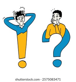 Two men creatively integrated into punctuation marks. The person on the left, inside an exclamation mark The person on the right is within a question mark and appears thoughtful. 