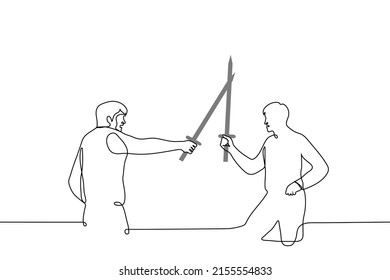 two men crossed swords with aggression - one line drawing vector. sword fight concept
