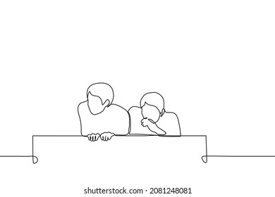 two men crouching hiding and peeping and eavesdropping on someone - one line drawing vector. concept of gossips, onlookers, passers by, curious 