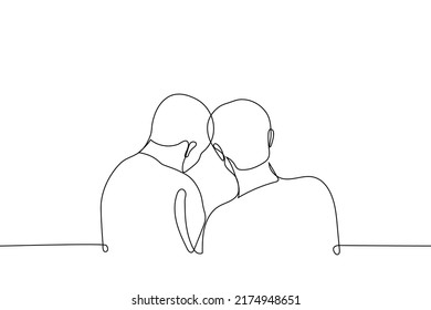 two men and curiosity bowed their heads over something    one line drawing vector  concept friends colleagues observe solve problem together