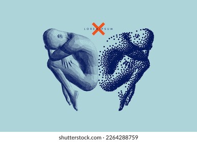 Two men curled up back to back. Emotions, friendship, self-help or acceptance concept. Illustration of the communication between two humans. Battle with yourself. Vector in сoarse and fine style. 
