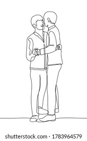 Two men are dancing a slow dance. One continuous line art couple of newlyweds (grooms) in suits and shirts stand close to each other and dance the first marriage dance