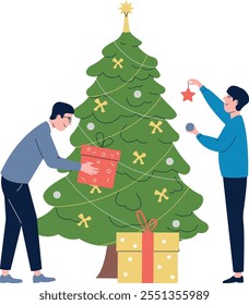 Two men are decorating a Christmas tree with a present in the middle