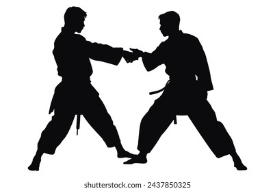 Dos hombres demuestran karate, hombres demuestran karate, lucha entre dos luchadores de aikido vector silueta
