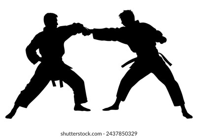 Dos hombres demuestran karate, hombres demuestran karate, lucha entre dos luchadores de aikido vector silueta
