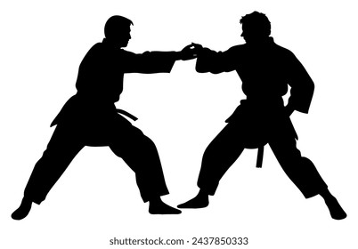 Zwei Männer demonstrieren Karate, Männer demonstrieren Karate, Kampf zwischen zwei Aikido-Kämpfern Vektor-Silhouette
