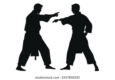 Two men demonstrate karate, Men demonstrate karate, Fight between two aikido fighters vector silhouette
