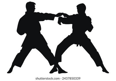Two men demonstrate karate, Men demonstrate karate, Fight between two aikido fighters vector silhouette
