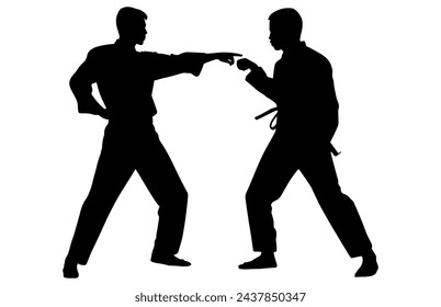 Two men demonstrate karate, Men demonstrate karate, Fight between two aikido fighters vector silhouette
