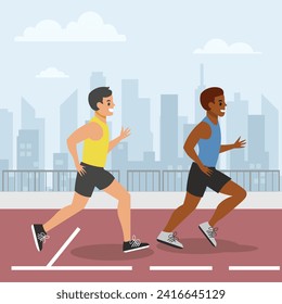 Two men of different features running a marathon with the cityscape in the background, smiling, happy, engaging in a sports lifestyle, exercise, competition, initiative, and energy. Vector 