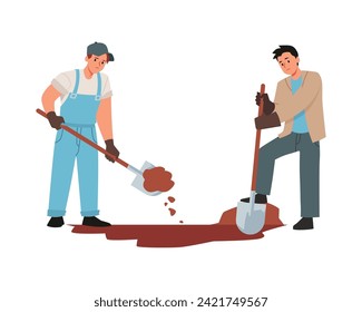 Two men dig a hole with shovels. Funeral service workers making a burial place, pit for a grave on the cemetery vector illustration isolated on white. Construction or miner job