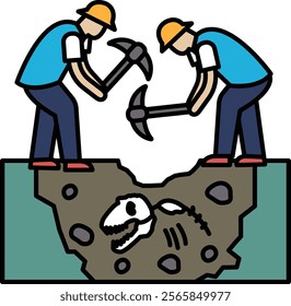 Two men are digging in the dirt and one of them is holding a pickaxe. The other man is holding a pickaxe as well