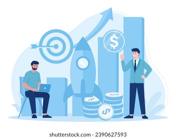 Two men discuss annual business targets trending concept flat illustration