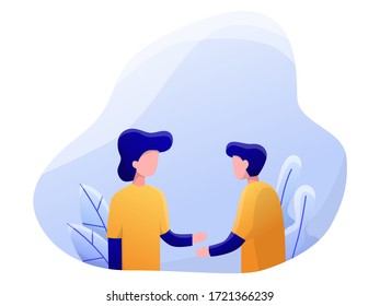 two men discuss, businessmen talk to each other, chat, vector illustration, flat style, gradient.