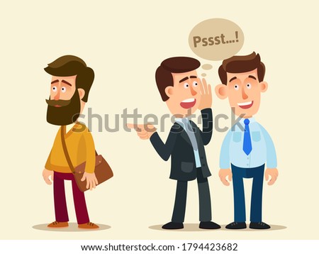 The two men discuss their new colleague, gossip and spread rumors. Men giggling and whisper behind his friend back. Vector illustration, flat cartoon style, isolated background.