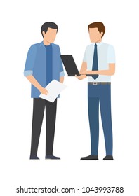 Two men discussing business plan, two businessmen speaking about startup project isolated on white background. Management and teamwork concept vector